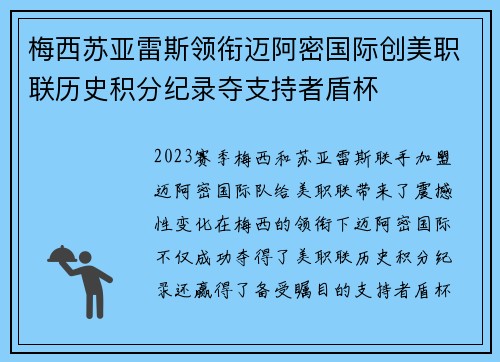 梅西苏亚雷斯领衔迈阿密国际创美职联历史积分纪录夺支持者盾杯 梅西苏亚雷斯领衔迈阿密国际创美职联历史积分纪录夺支持者盾杯