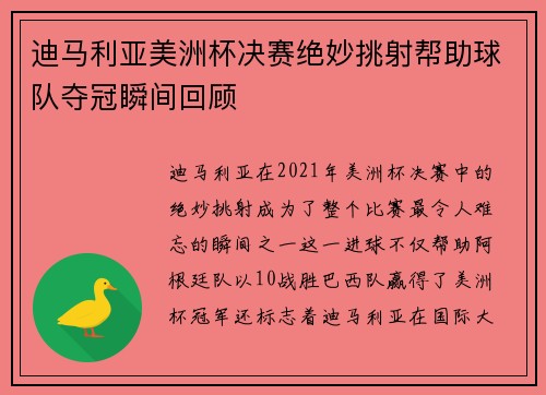 迪马利亚美洲杯决赛绝妙挑射帮助球队夺冠瞬间回顾 迪马利亚美洲杯决赛绝妙挑射帮助球队夺冠瞬间回顾